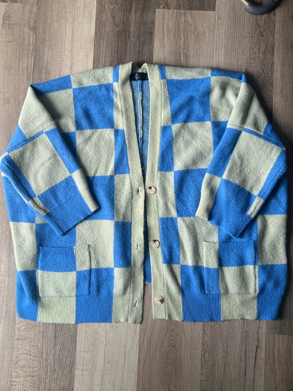 Dressed In LALA Love You Checkerboard Cardigan Sweater size Large Green/Blue